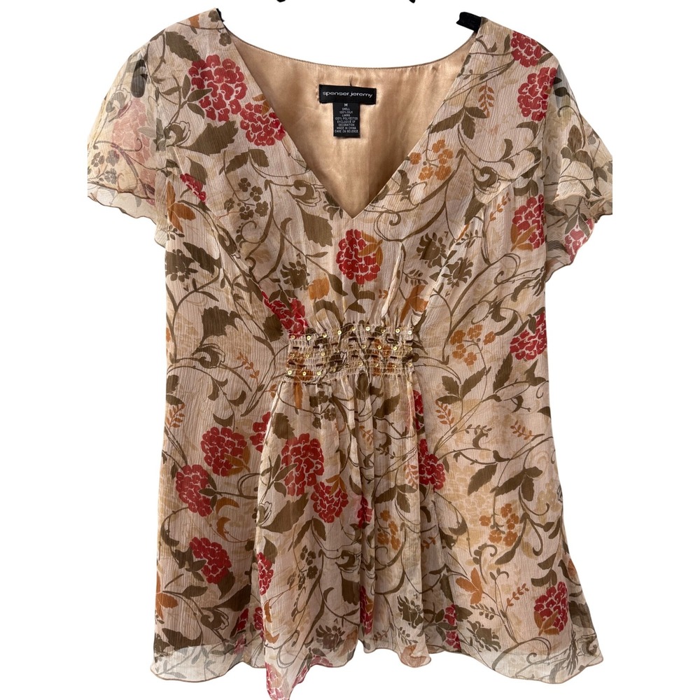 Spenser Jeremy Womens Silk Babydoll Top Floral Boho Y2K Sheer Size M Fairy